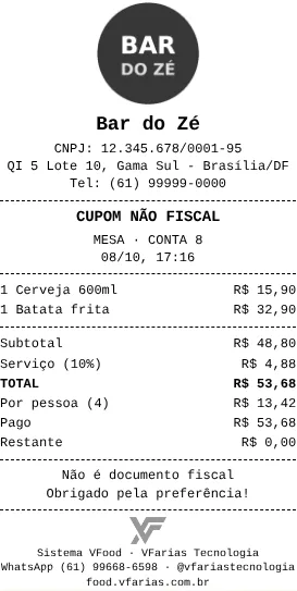 Cupom impresso com a logomarca do restaurante