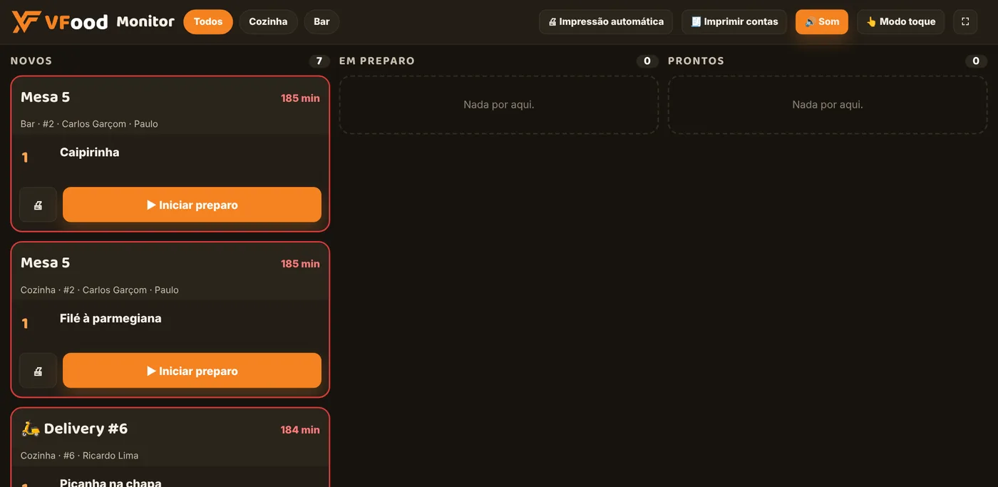 VFood Monitor com pedidos da cozinha e do bar
